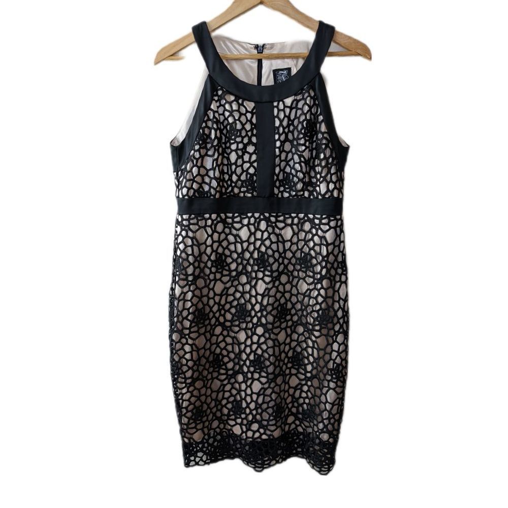 Jax women's scuba panel black cream laser cut satin cocktail dress sleeveless wo